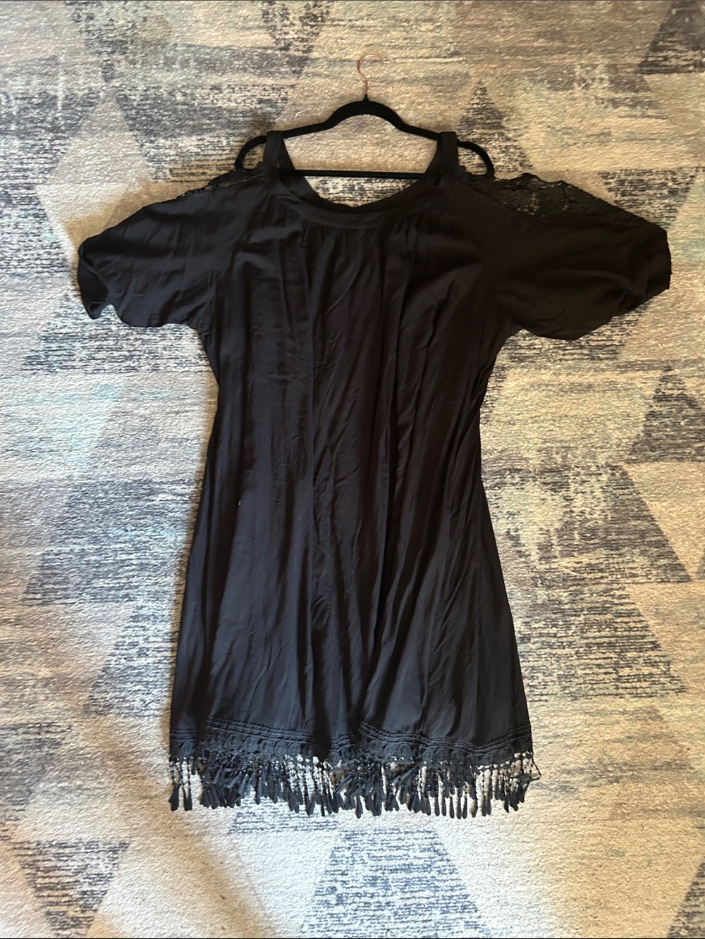 Women's Black Cold-Shoulder Fringe Hem Dress